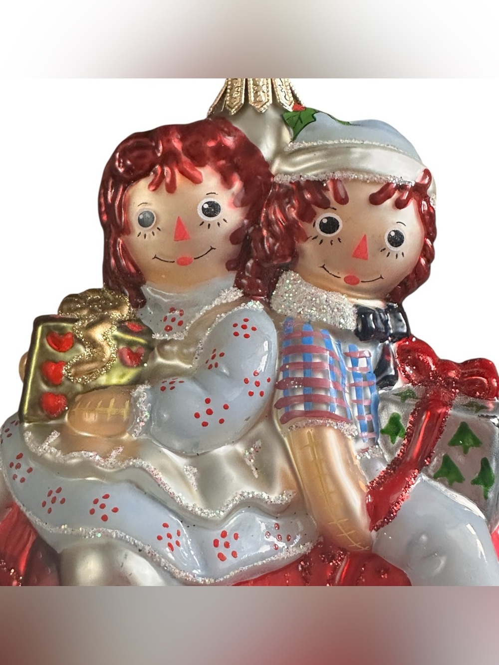 Vintage Raggedy Ann & Andy Glass Christmas Ornament Poland Red Patchwork Heart